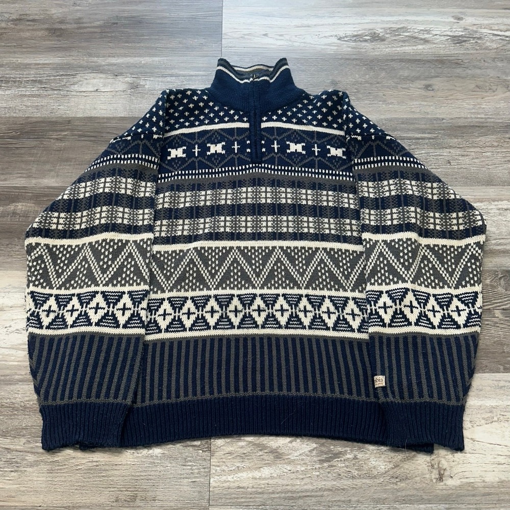 Vintage 90s Columbia Blue White‎ Mens M Geometric Fair Isle 1/4 Zip Sweater